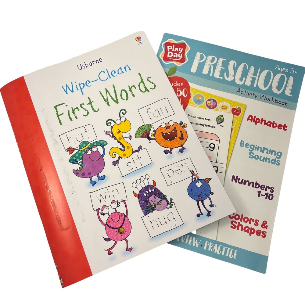 Usborne & Play Day dry erase workbooks. first sounds numbers colors shapes